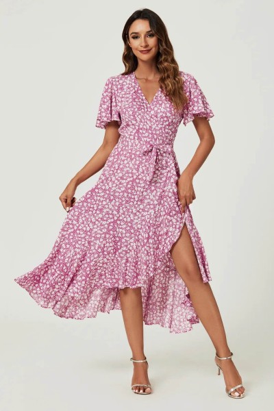 Product Floral Print Midi Wrap Dress In Pink