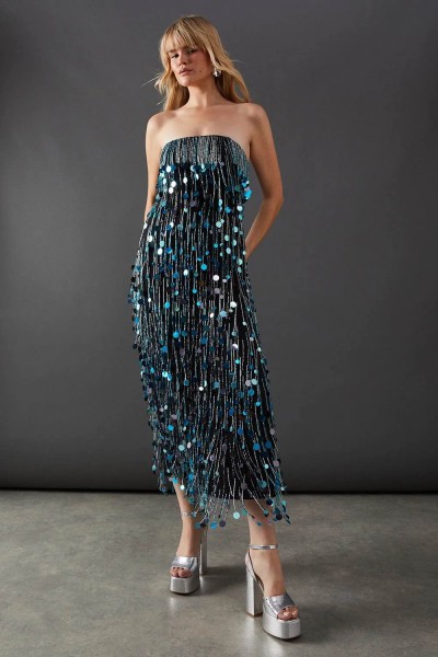 Product Premium Fringe Bead Embellished Sequin Bandeau Midi Dress