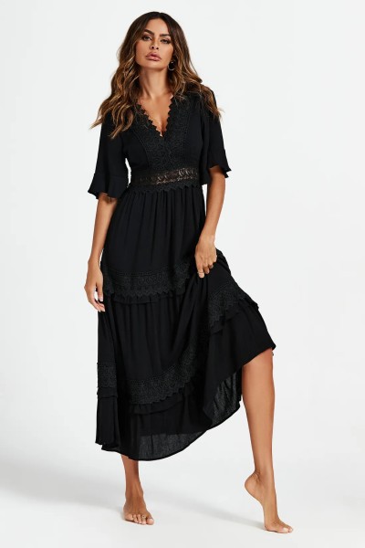 Product V Neck Lace Detail Maxi Dress In Black