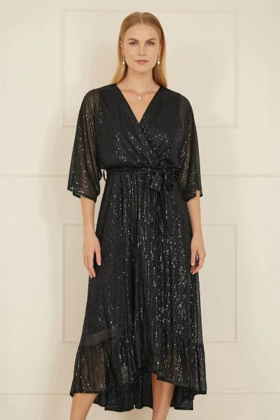 Product Black Sequin Kimono Midi Wrap Dress