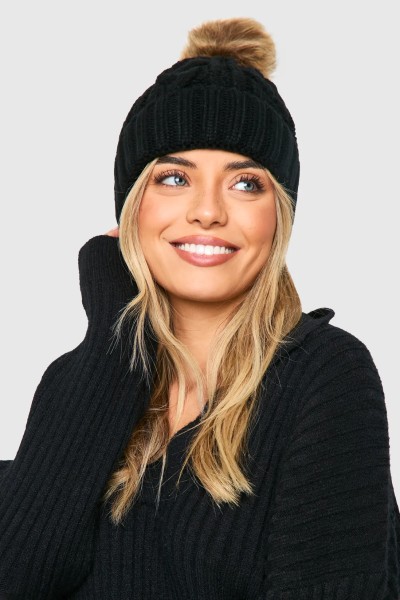 Product Cable Knit Faux Fur Pom Beanie